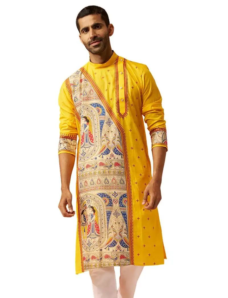 Men yellow cotton high neck digital print kurta - premium geometric embroidered festive wear