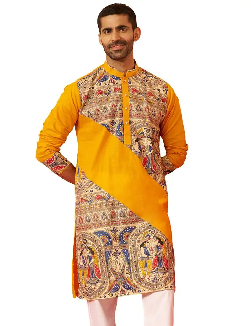 Men yellow cotton digital print kurta - premium figures print festive traditional wear