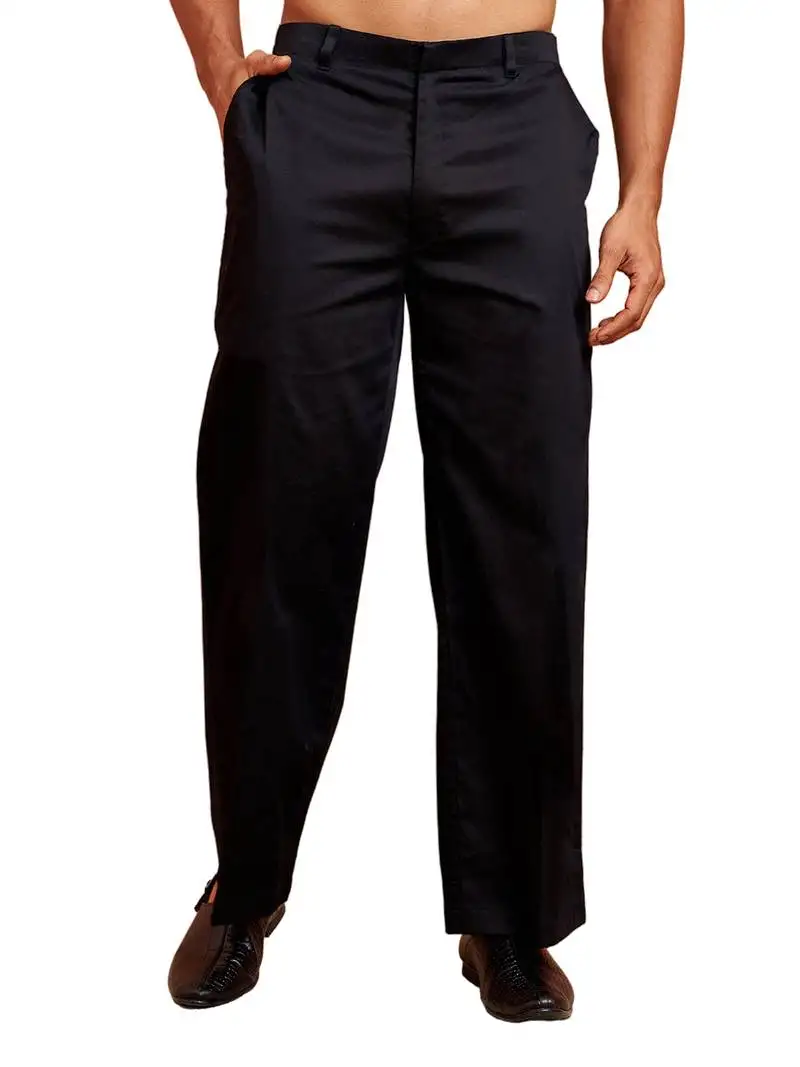 Men black cotton lycra wide leg pant - zip button elastic waist party festive wear