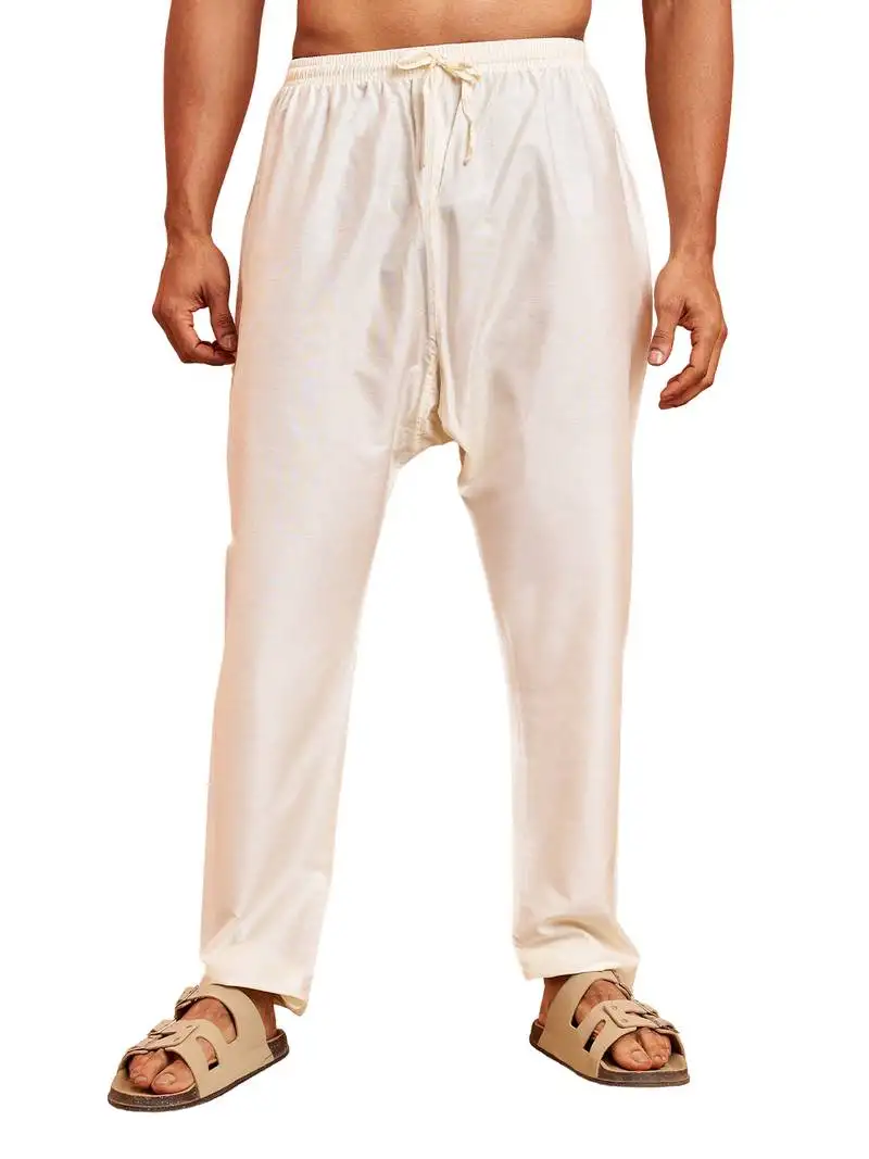 Men cream viscose pyjama - solid pattern drawstring elastic waist festive ethnic wear