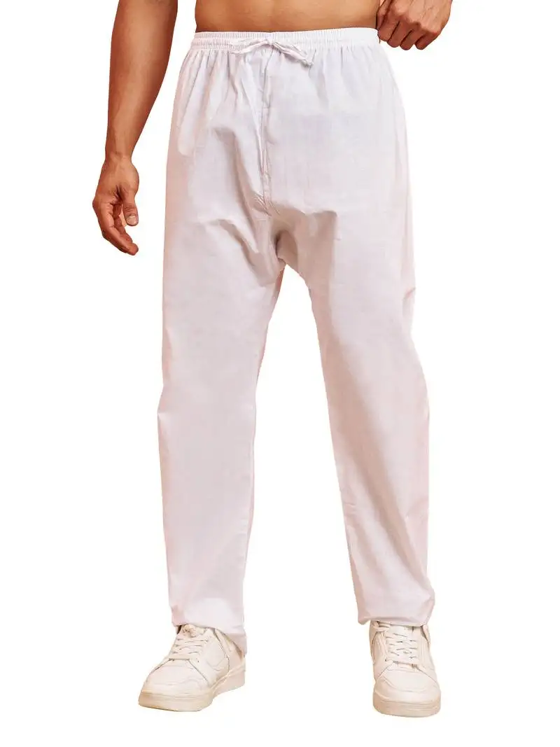 Men white cotton pyjama - solid pattern drawstring elastic waist festive ethnic wear