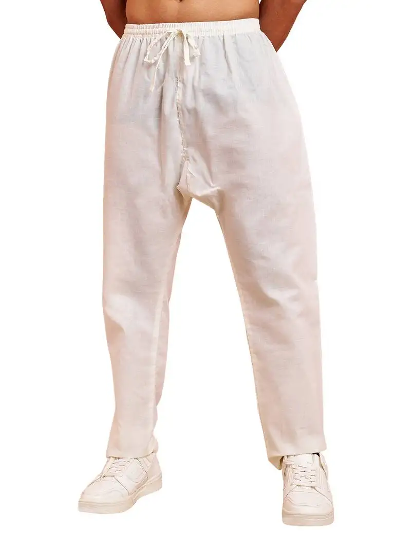 Men cream cotton pyjama - drawstring elastic waist aligarh style ethnic wear