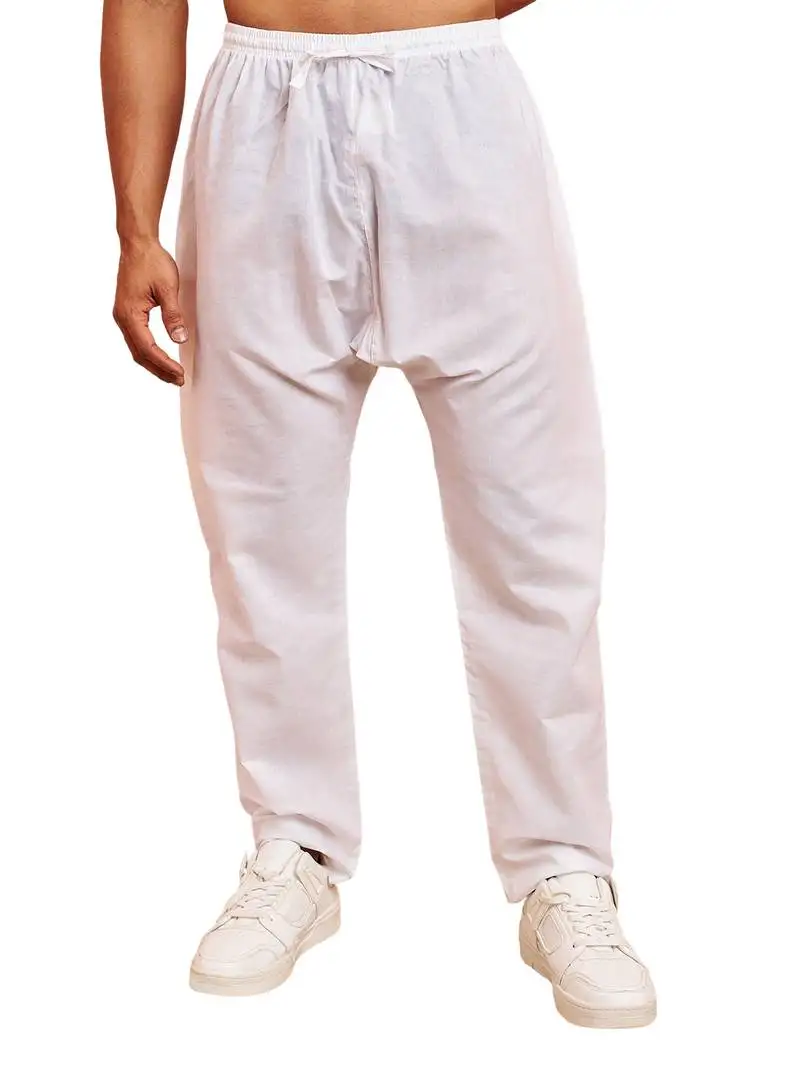 Men white cotton pyjama - drawstring elastic waist aligarh style ethnic wear