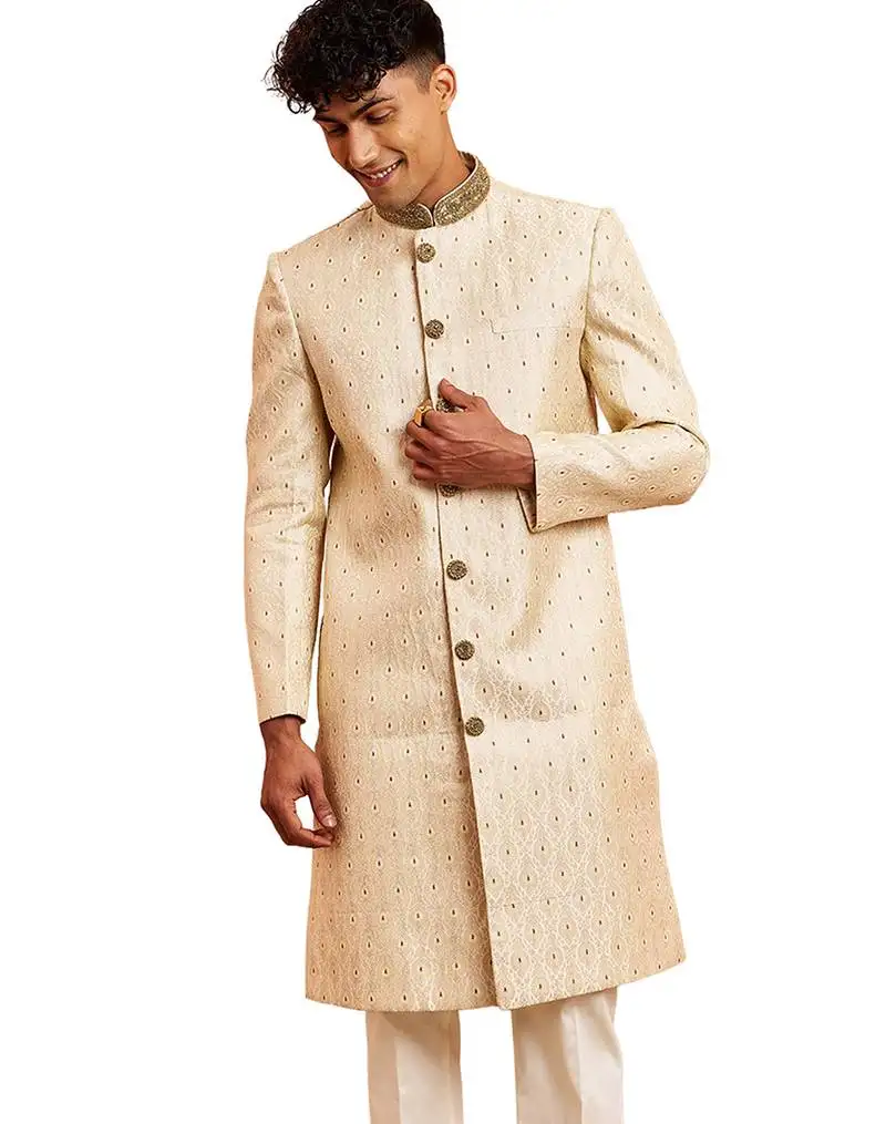 Men cream silk sherwani - maroon motif mandarin collar cutdana work wedding