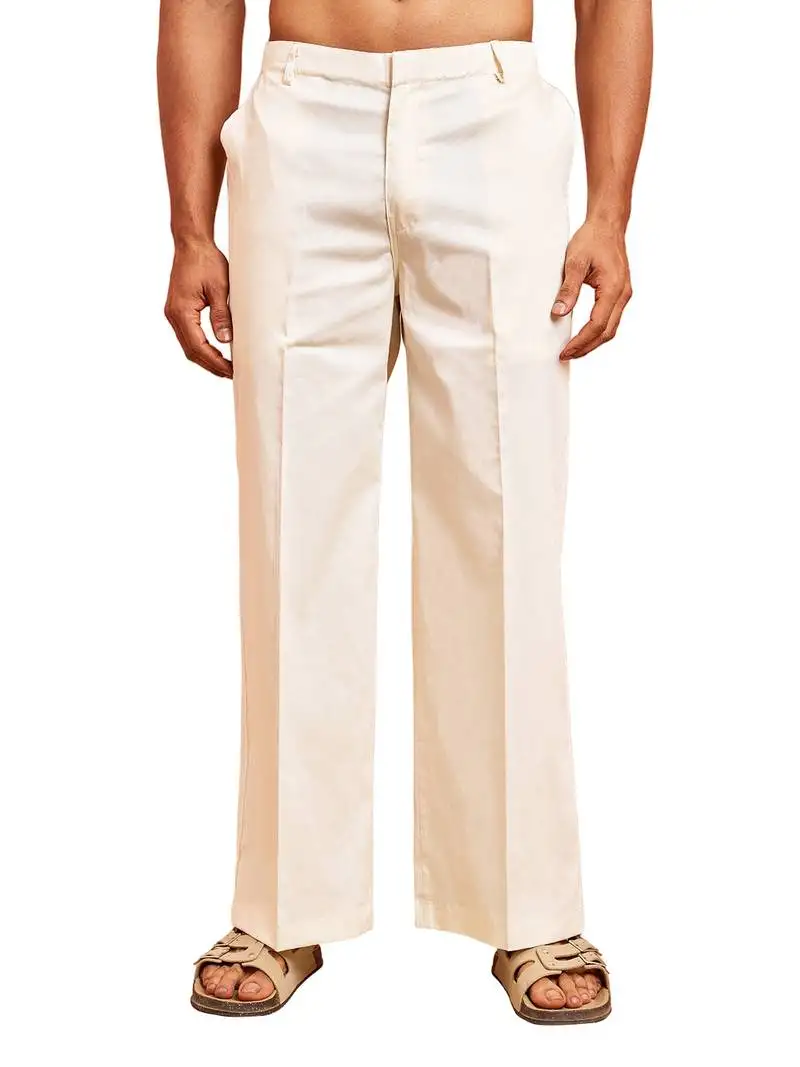 Men cream cotton lycra wide leg pant - zip button elastic waist party festive wear