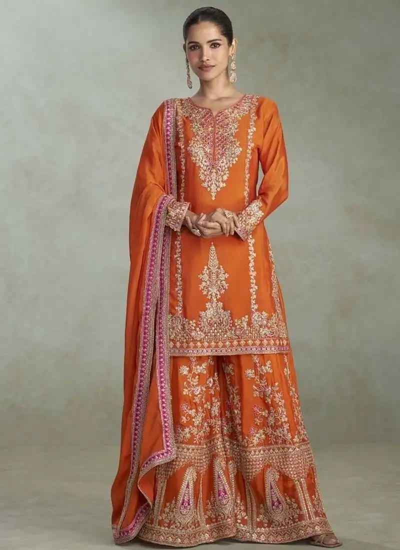 Orange chinon embroiedered palazzo suit stitched