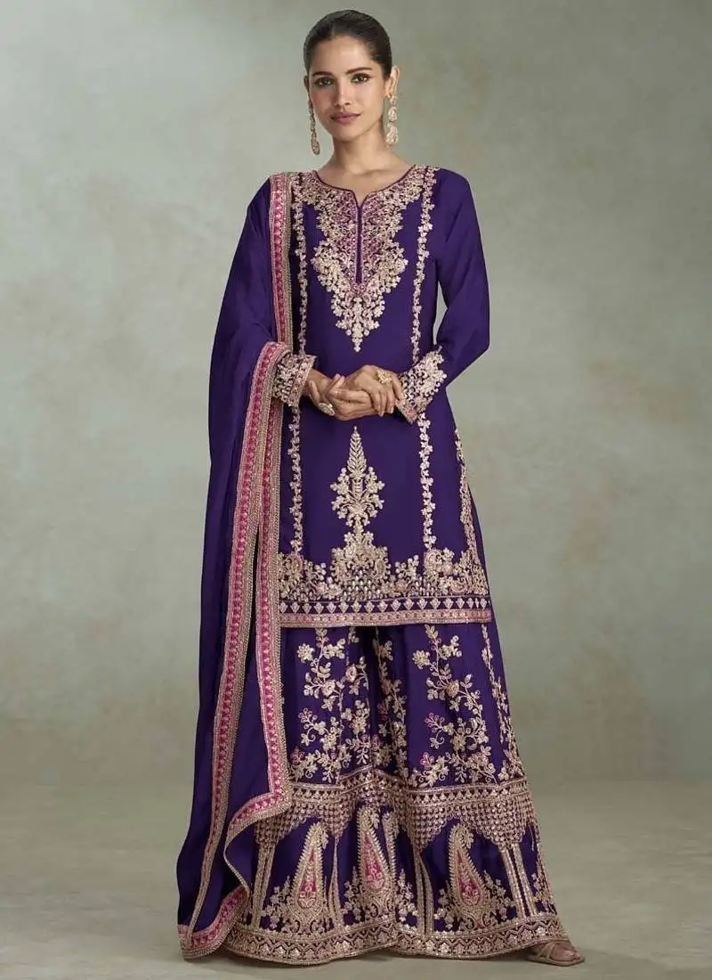 Violet chinon embroiedered palazzo suit stitched