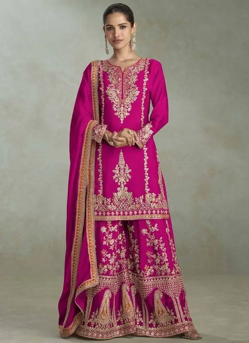 Rani pink chinon embroiedered palazzo suit stitched