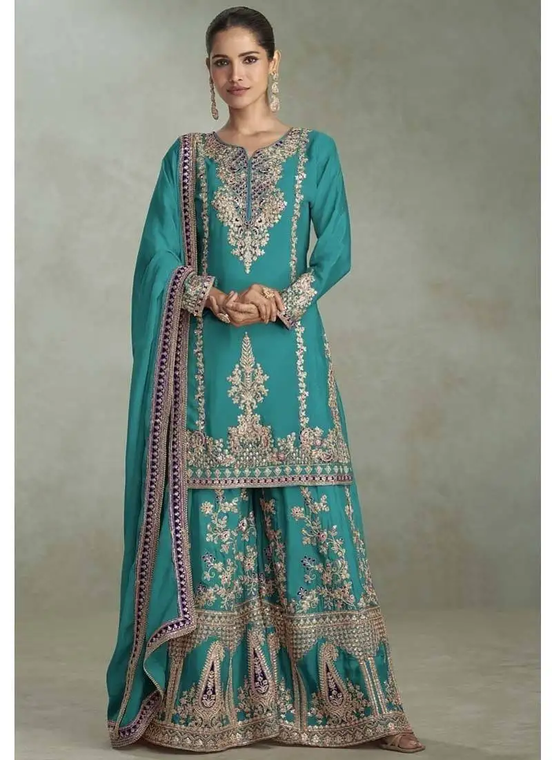 Turquoise chinon embroiedered palazzo suit stitched