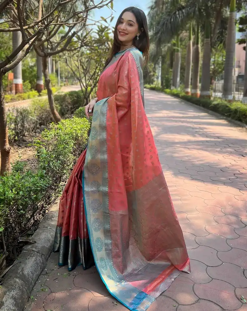 Peach woven designer tissue silk saree with blouse piece