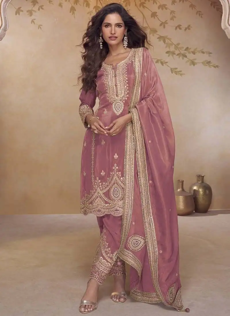 Peach simar silk embroidered designer salwar suit stitched