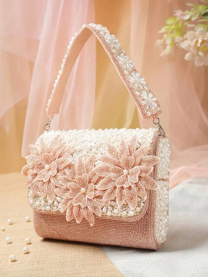 Blush & bead dusty pink & pearl white floral cutwork embellished velvet clutch