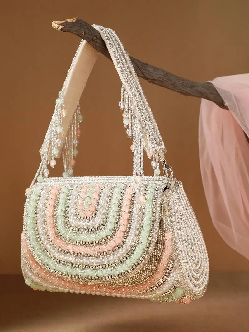 Blush & bead silver & pastel multi crystal layered velvet clutch