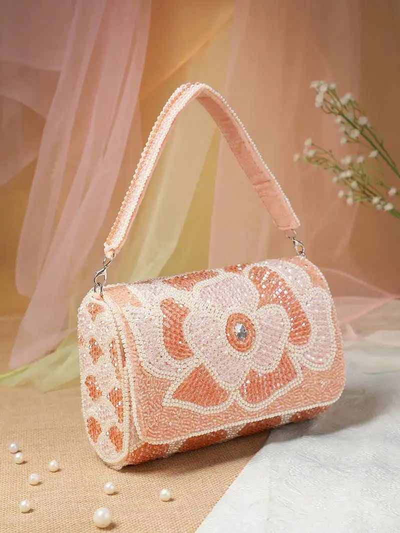 Blush & bead pink & pearl white floral crystal beaded velvet clutch