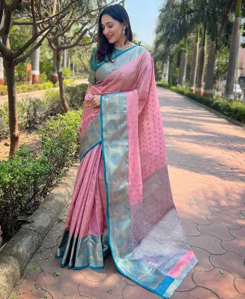 Pink woven designer tissue silk saree with blouse piece