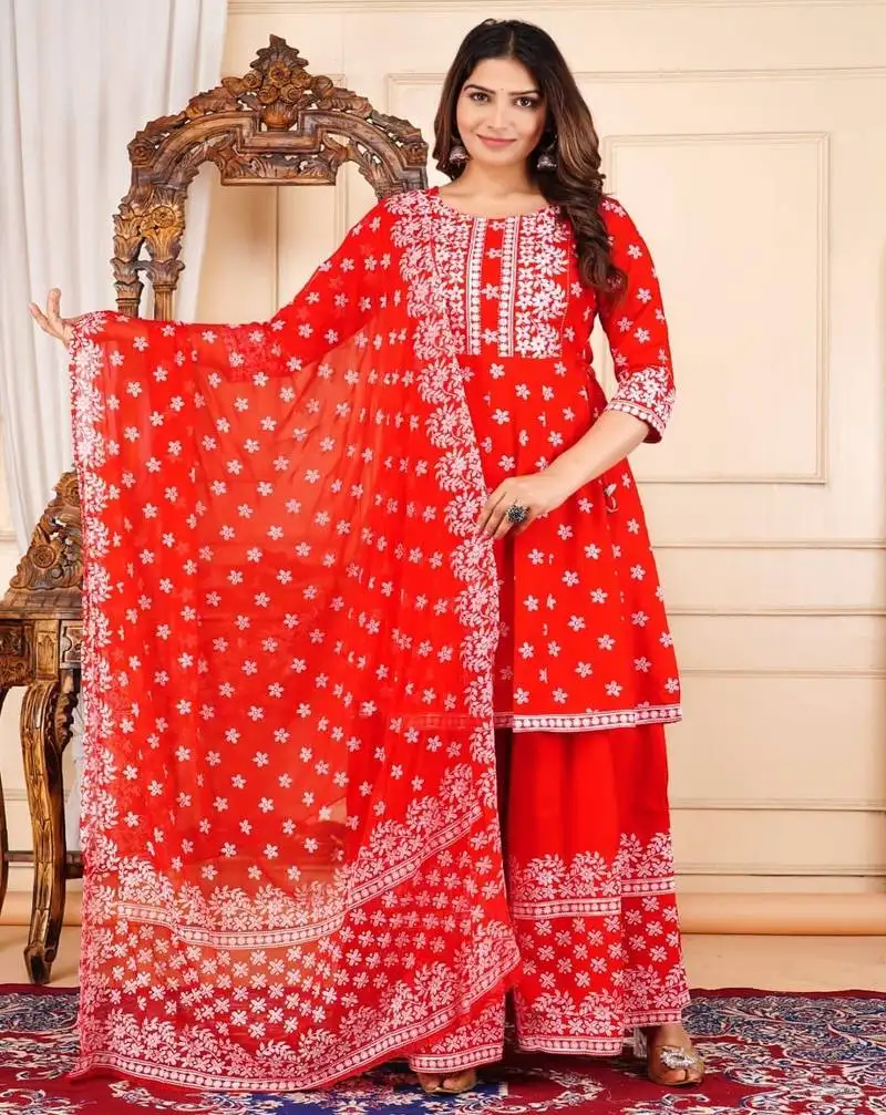 Red printed & handwork kurti, palazzo & dupatta set