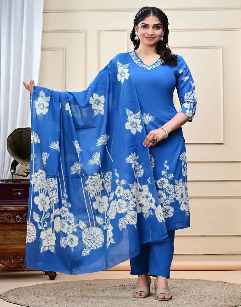 Sky blue printed & handwork kurta, pant & dupatta set