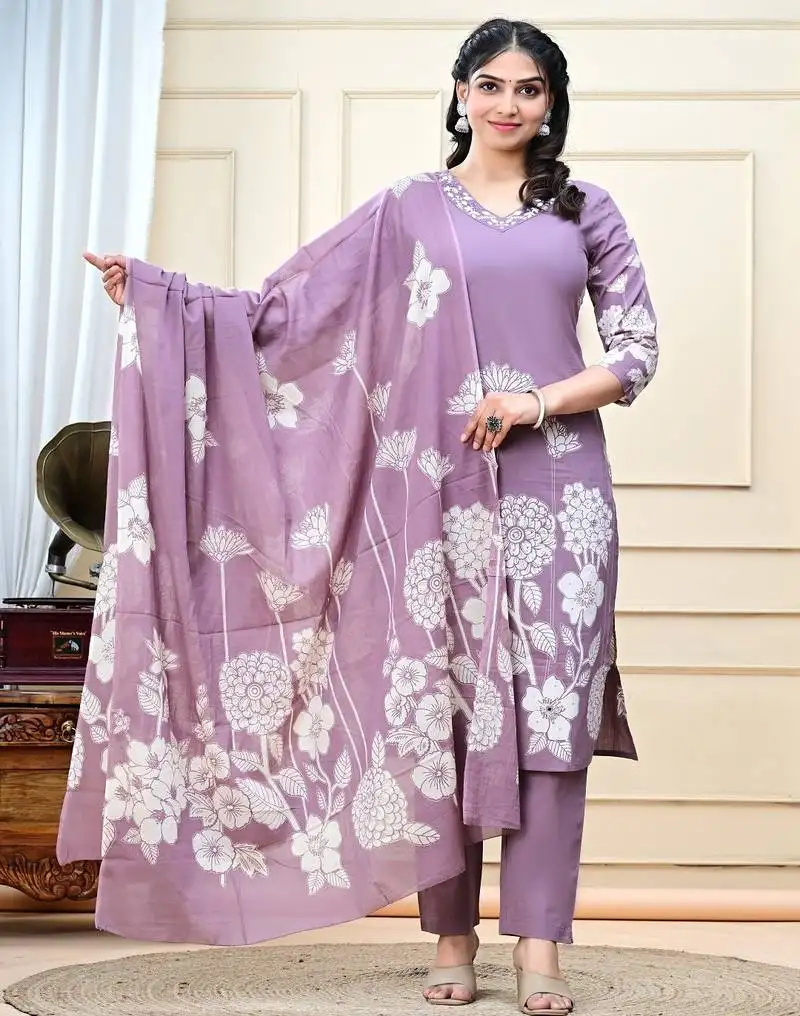 Lavender printed & handwork kurta, pant & dupatta set
