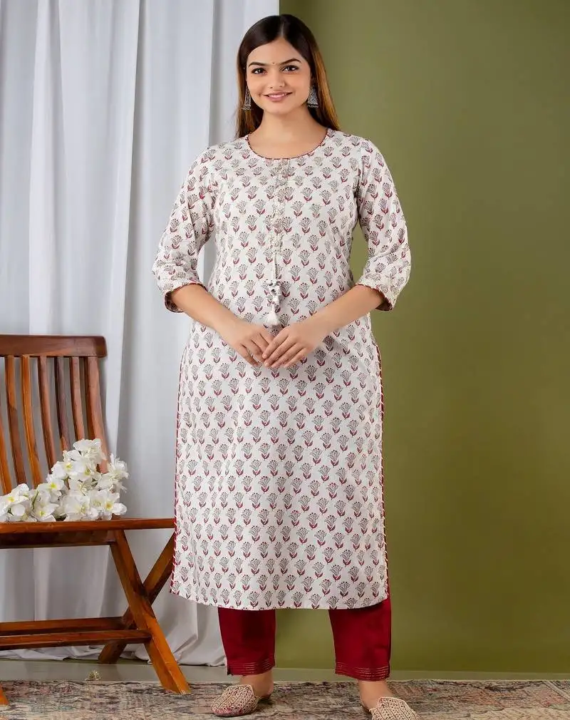 White printed & handwork kurta, pant set