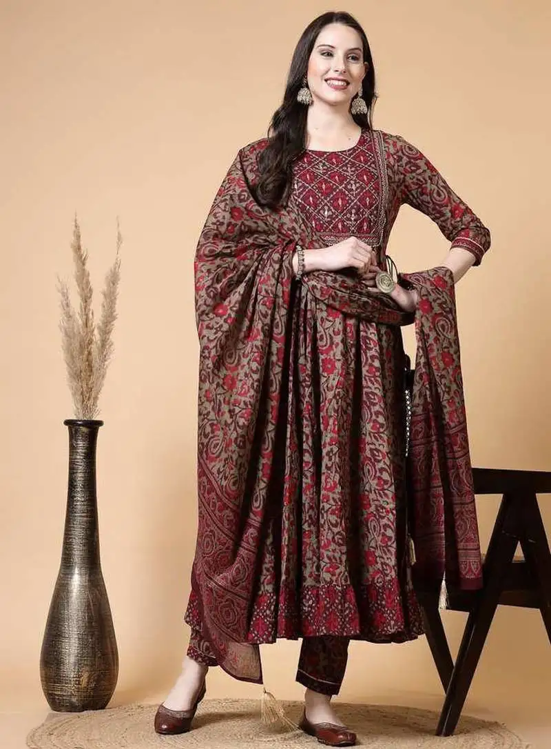 Maroon printed & handwork kurta pant & dupatta set
