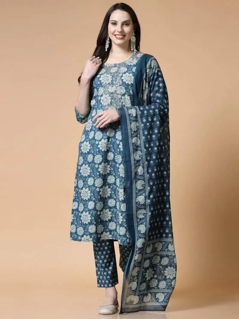 Blue printed & handwork kurta, pant & dupatta set