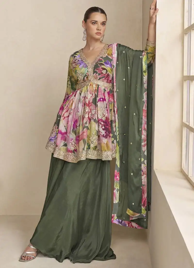 Mahendi chinon embroiedered palazzo suit stitched