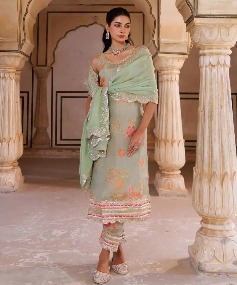 Green floral printed tissue kurta set