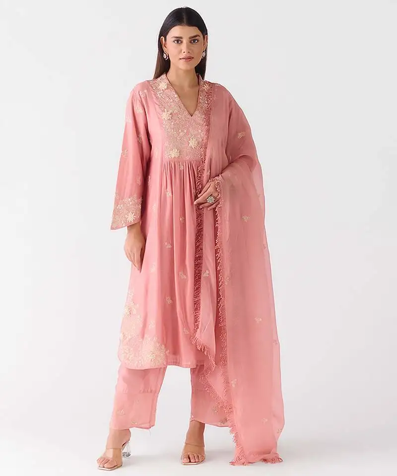 Baby-pink embroidered chiffon kurta set