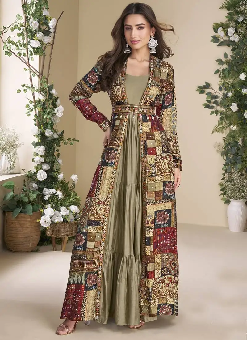 Beige georgette embroidered gown with silk sturg stitched