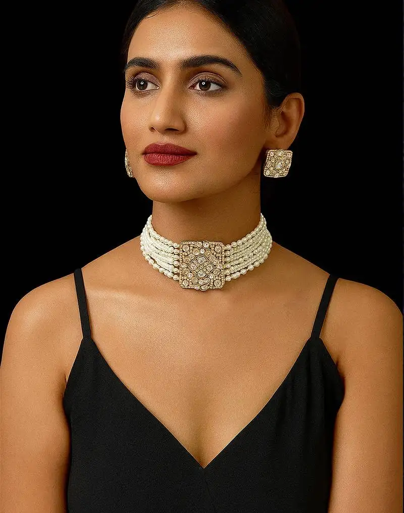 Royal kundan & pearl choker necklace set with square motif traditional gold finish jewelry by treemoda