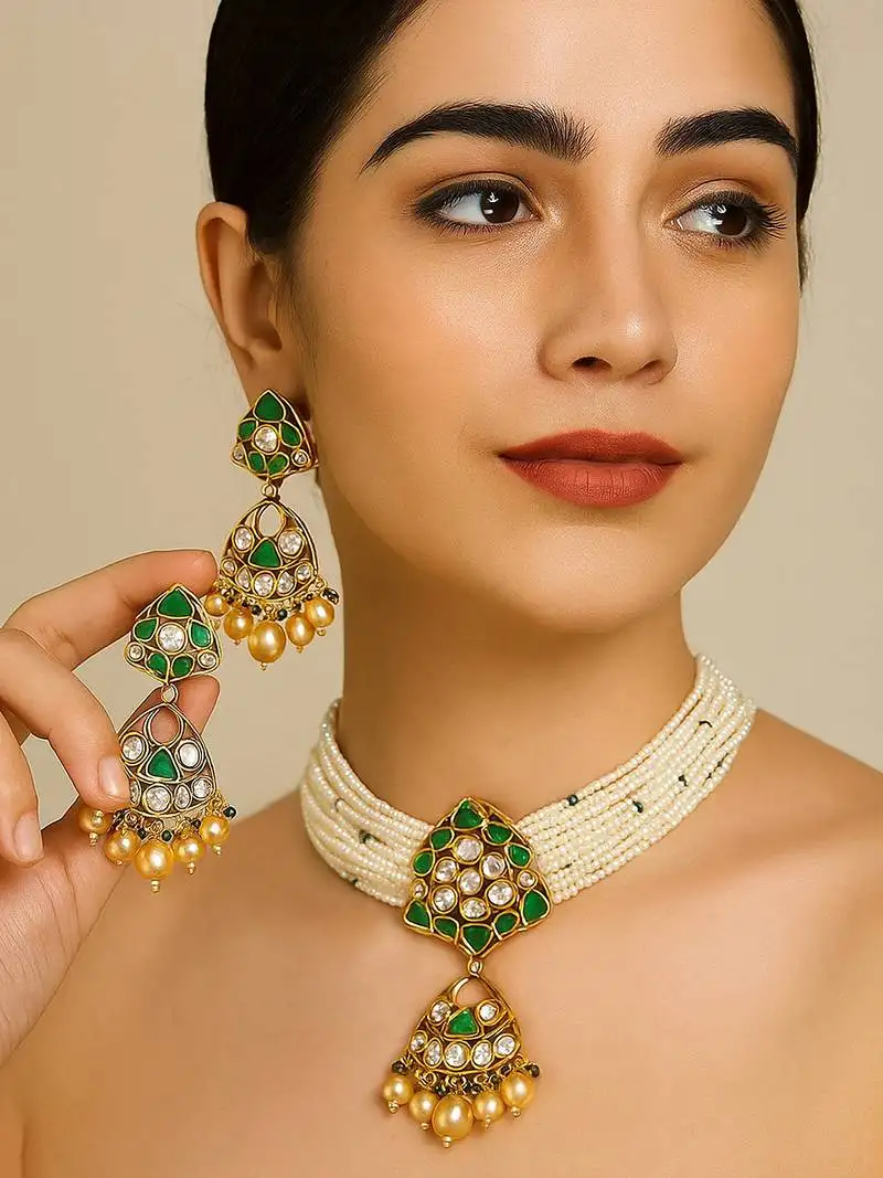 Elegant kundan & pearl choker necklace set with green enamel detailing traditional gold finish jewelry by treemoda