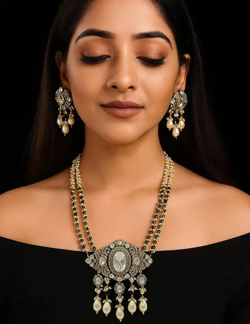 Regal moissanite polki long necklace set with pearl & green bead detailing traditional gold finish jewelry by treemoda