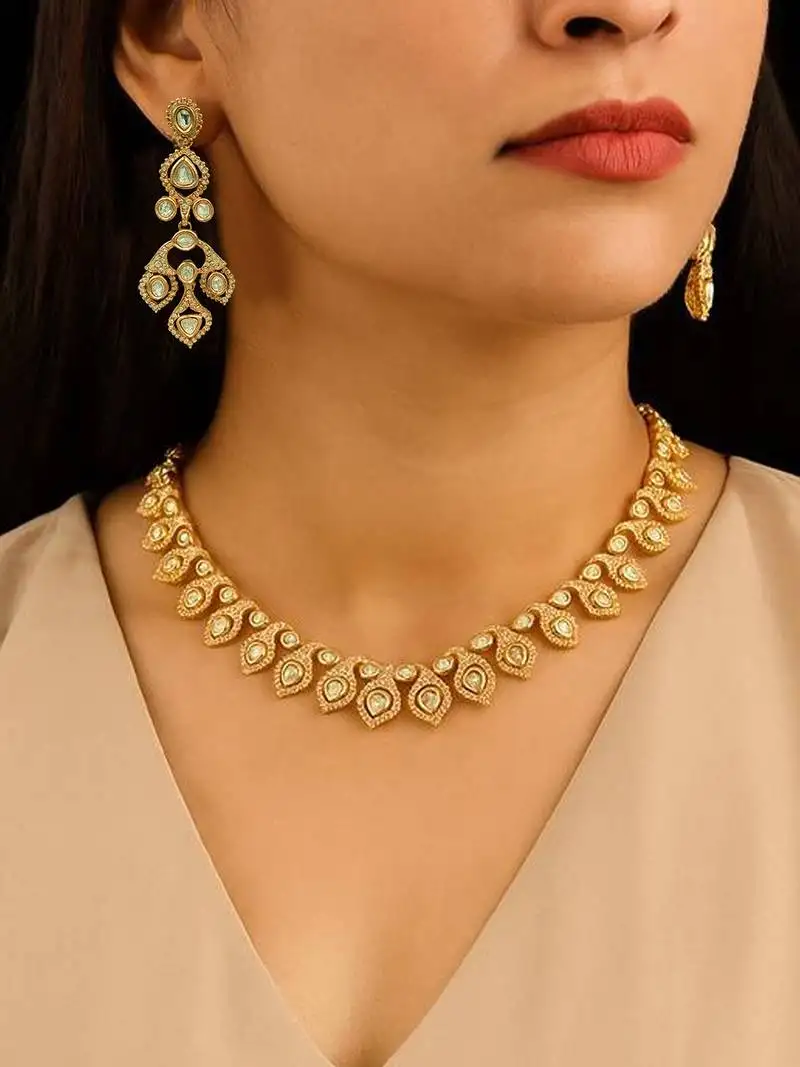 Elegant gold-plated kundan necklace & earrings set traditional gold finish jewelry by treemoda