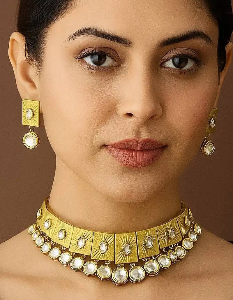 Elegant geometric kundan choker necklace with matching earrings traditional gold finish jewelry by treemoda