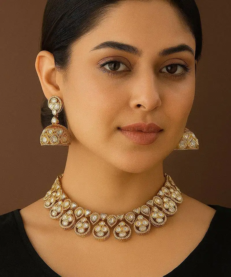 Premium moissanite polki necklace with intricate jhumka earrings traditional gold finish jewelry by treemoda