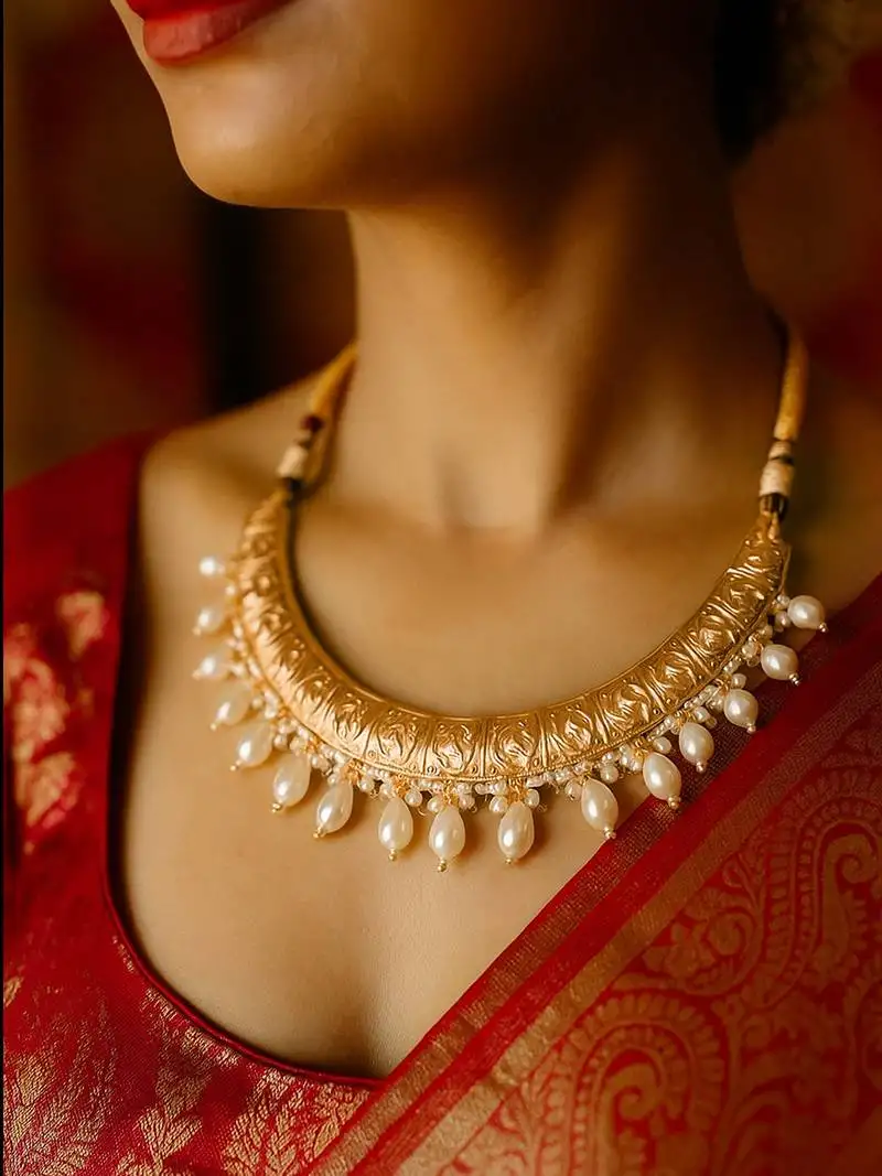 Antique gold-tone engraved necklace with pearl drops & matching earrings traditional gold finish jewelry by treemoda
