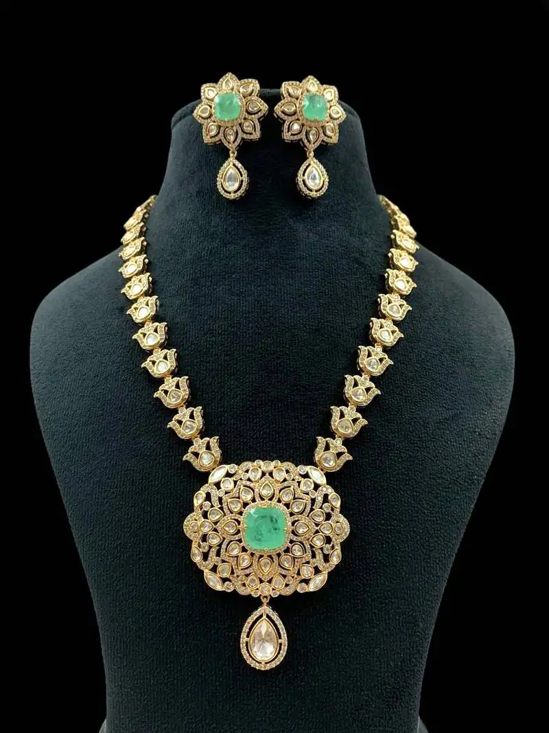 Royal necklace set with green stone centerpiece & matching earrings traditional gold finish jewelry by treemoda