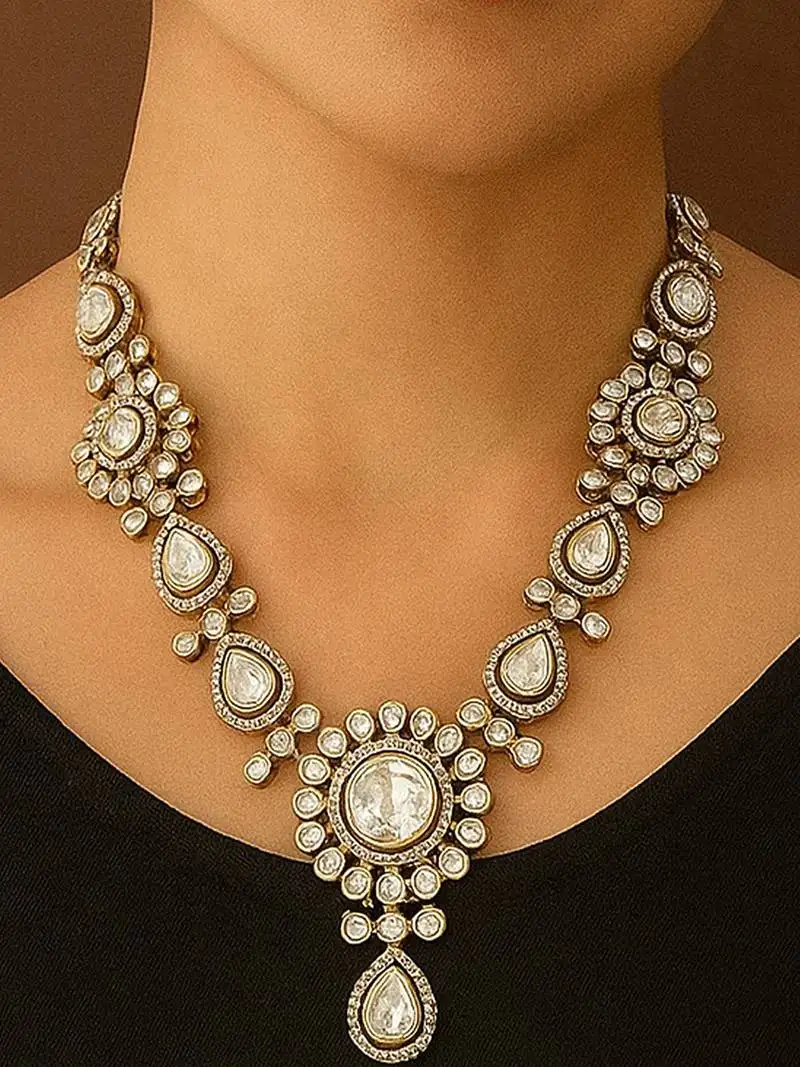 Grand kundan polki necklace with circular floral motifs & matching earrings traditional gold finish jewelry by treemoda