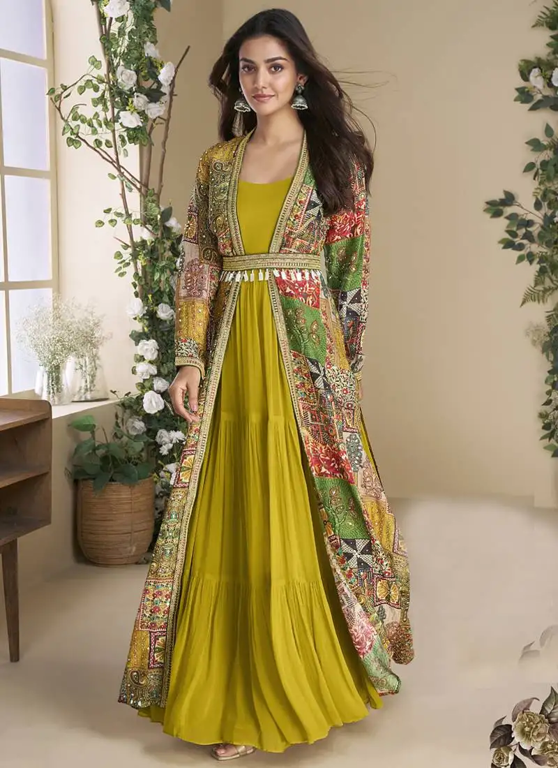 Mustard georgette embroidered gown with silk sturg stitched