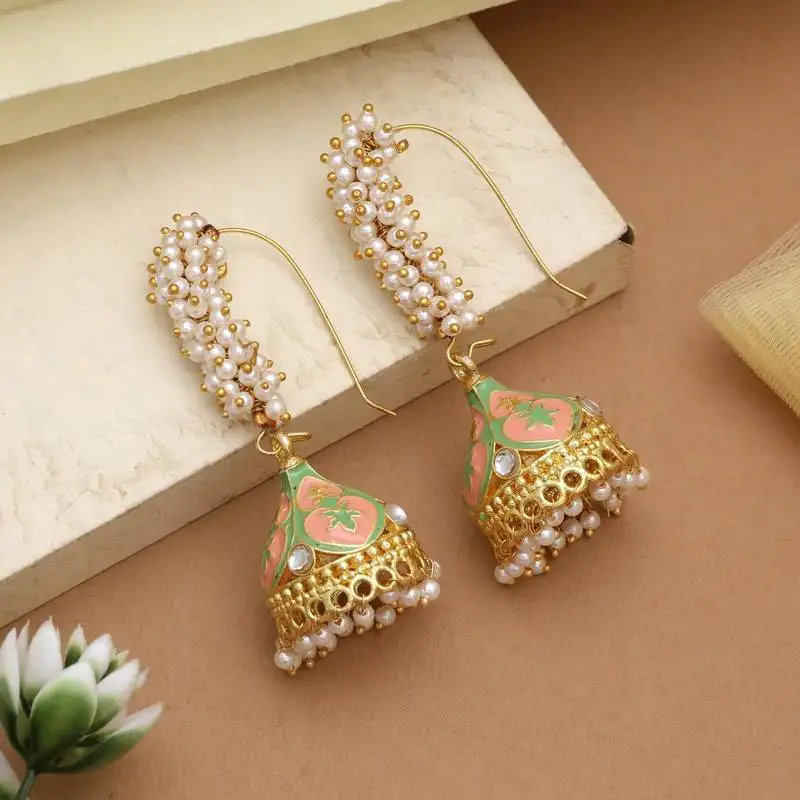 Peach & light green color meenakari earrings