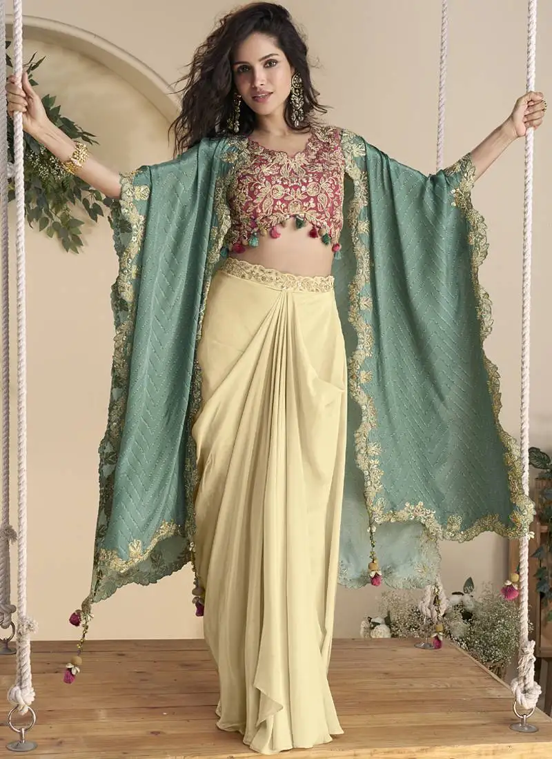 Beige real chinon silk embroidered shrug stytle western suit stitched