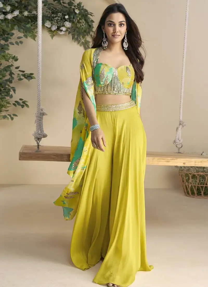 Yellow real chinon silk embroidered shrug stytle western suit stitched