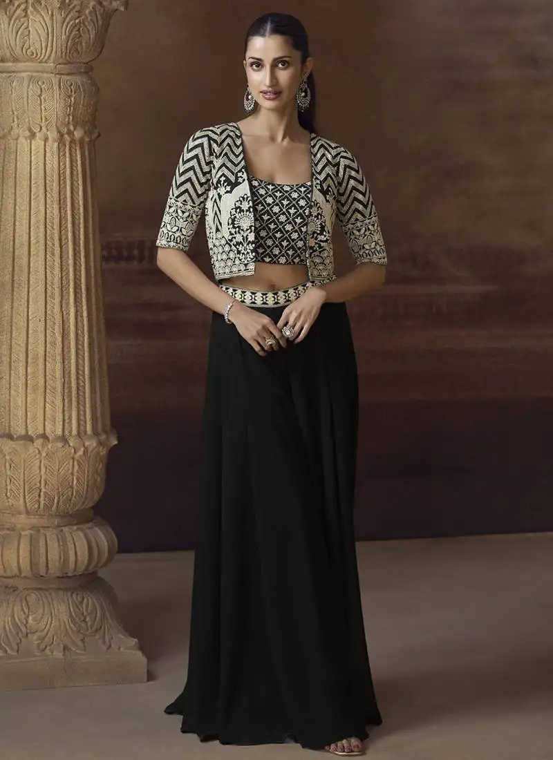 Black real chinon silk embroidered jacket stytle plazzo suit stitched