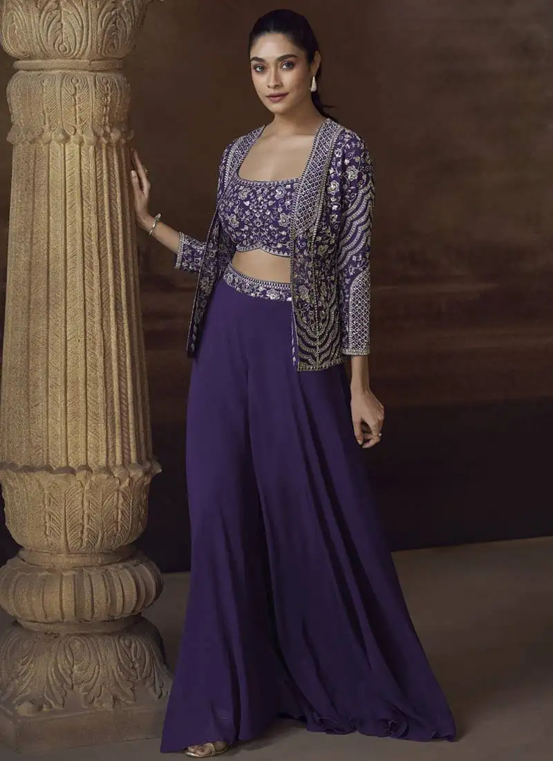 Violet real chinon silk embroidered jacket stytle plazzo suit stitched