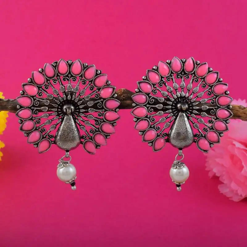 Pink color oxidised earrings