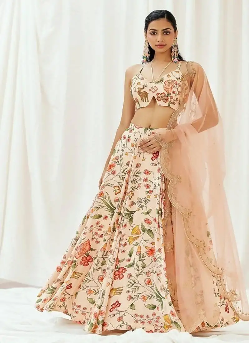 Multicolor floral printed crepe lehenga