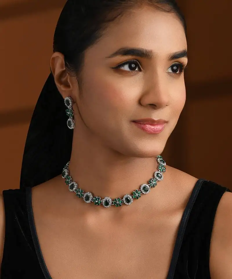 Silver plated traditional stone design necklace set with earrings & maang tika for women (silver green)
