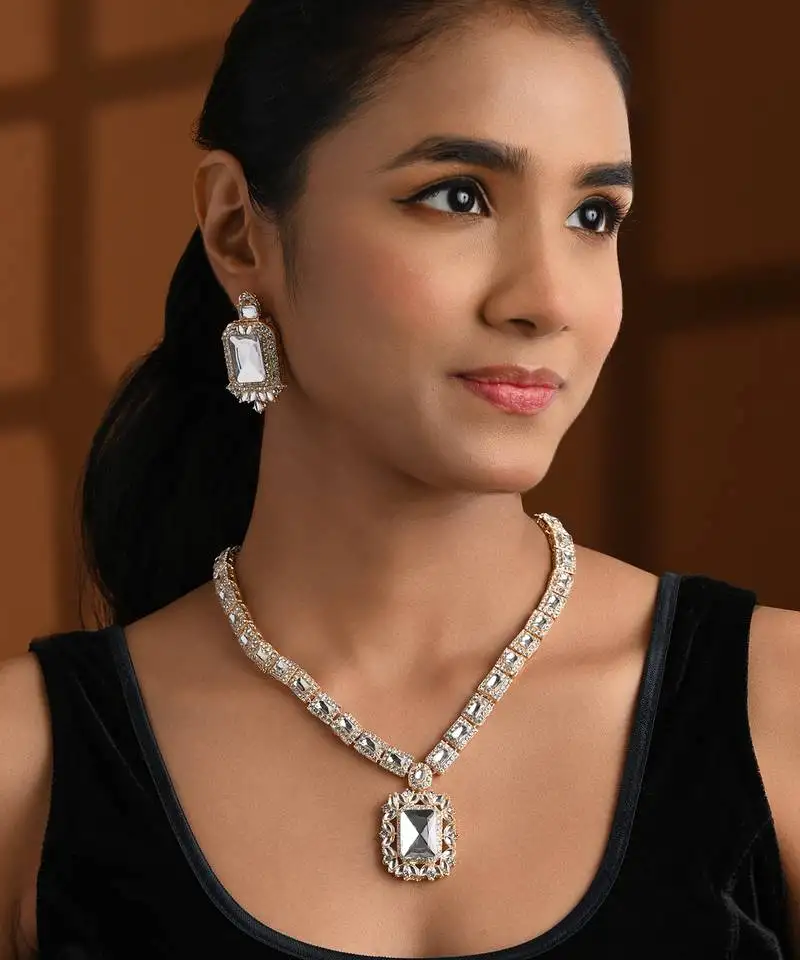 Gold plated classic square motif necklace set with earrings for women (ij404w)