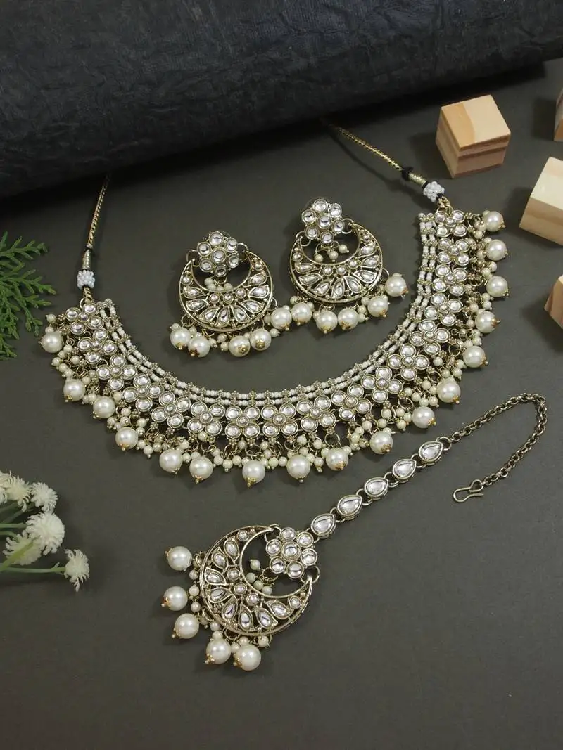 Gold plated traditional floral kundan pearl choker necklace jewelry earrings & maang tikka set for women (white)