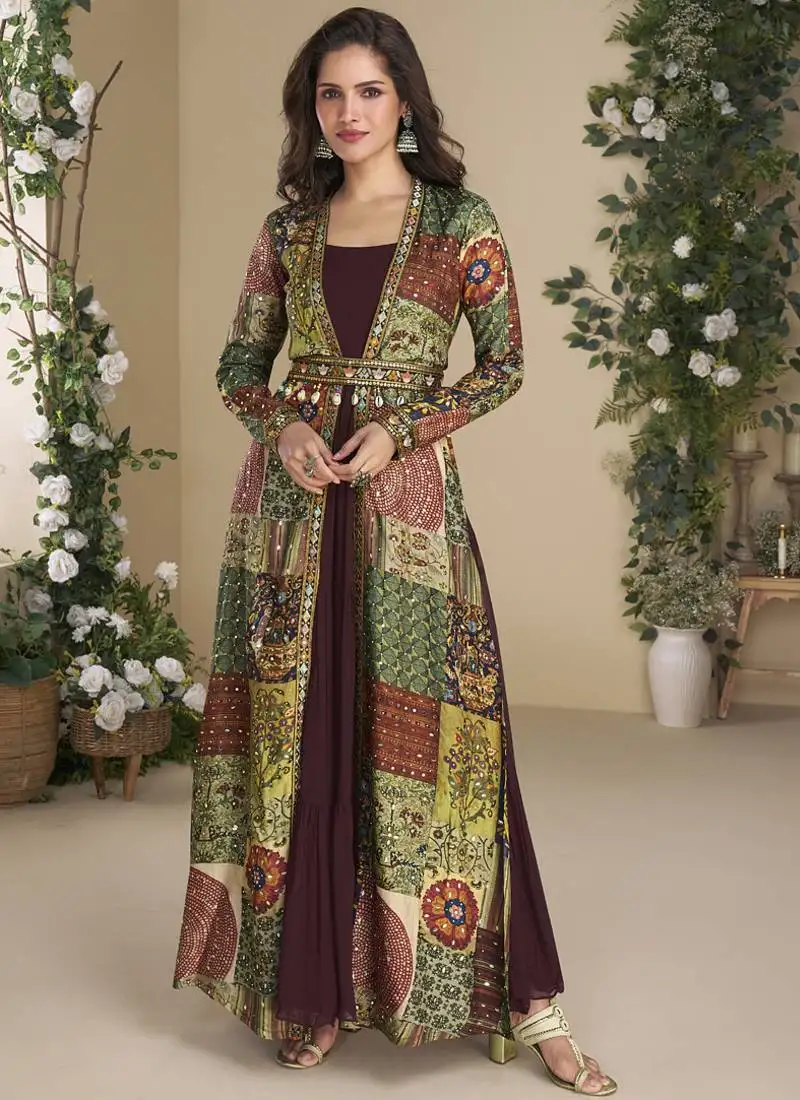 Brown georgette embroidered gown with silk sturg stitched
